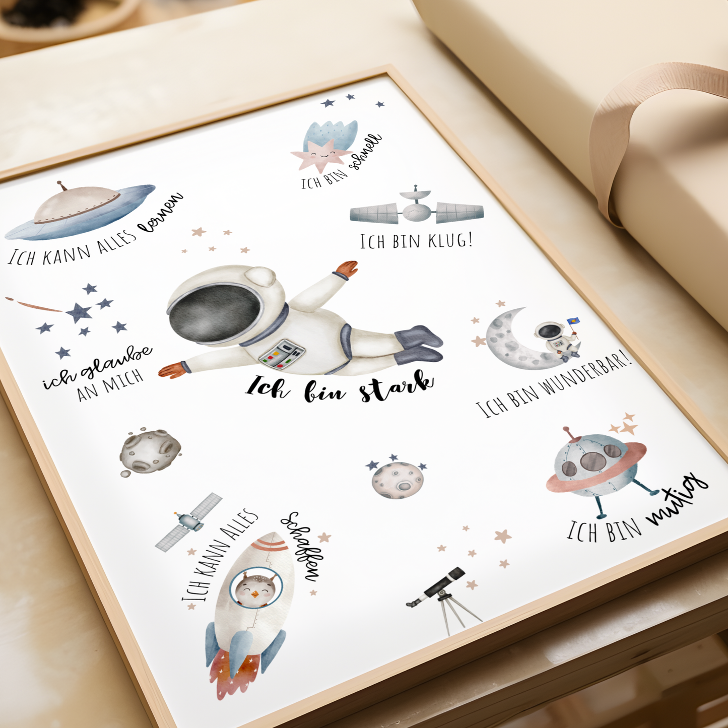 Inspirational Affirmation Poster for Kids | German Affirmation | Space Themed Positive Wall Art