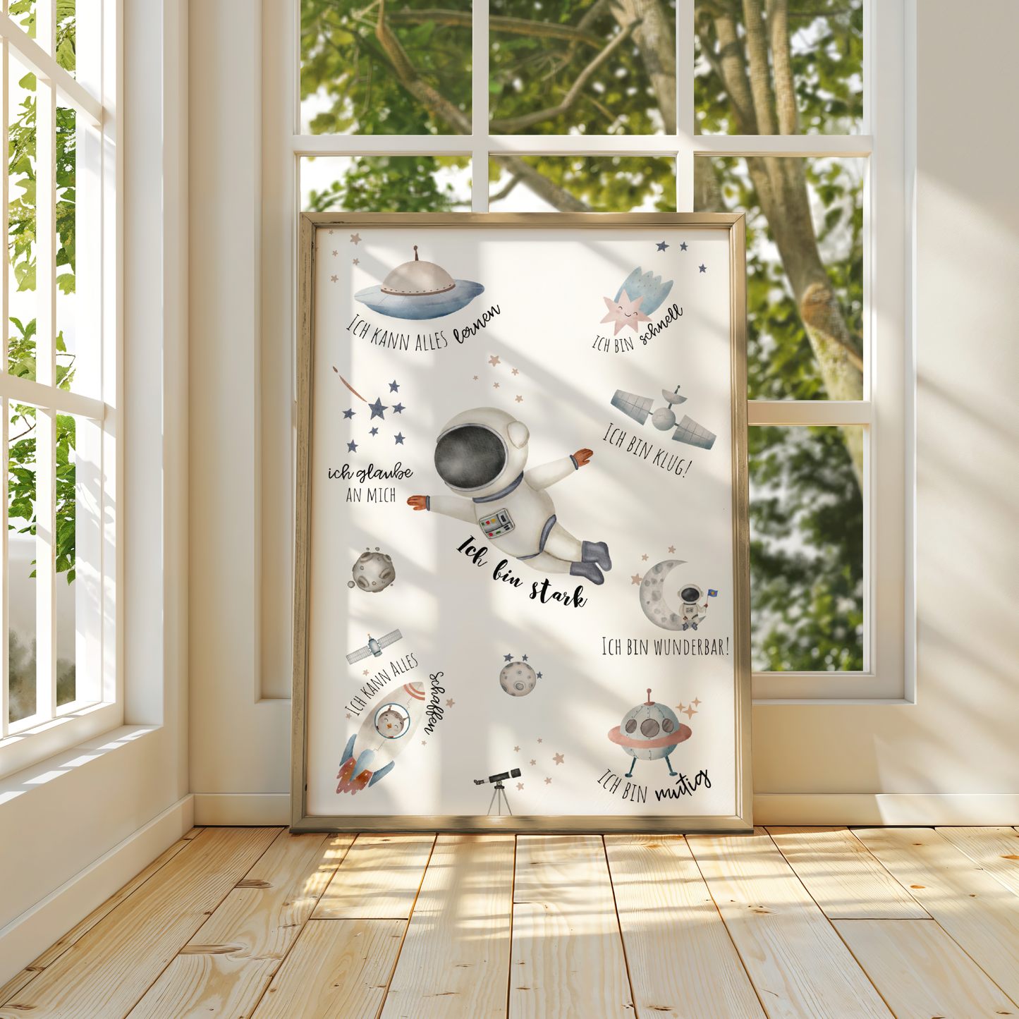 Inspirational Affirmation Poster for Kids | German Affirmation | Space Themed Positive Wall Art