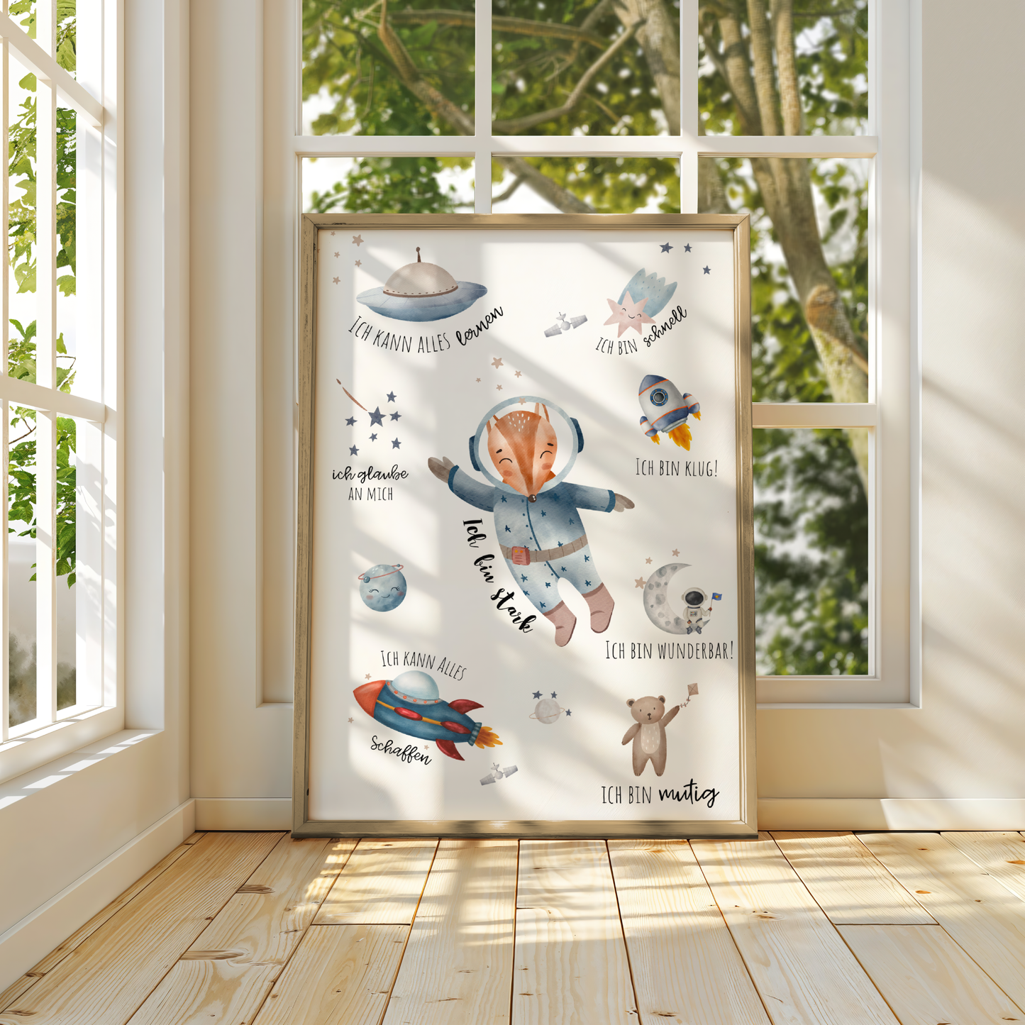 Inspirational Affirmation Poster for Kids | German Affirmation | Space Themed Positive Wall Art