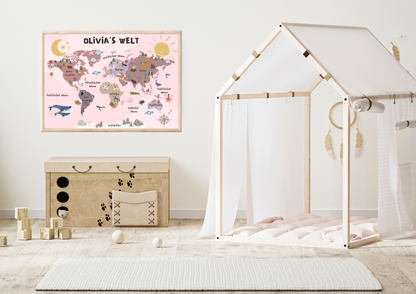 World map for children | Educational wall art for the children's room | Colorful poster for children's room decoration
